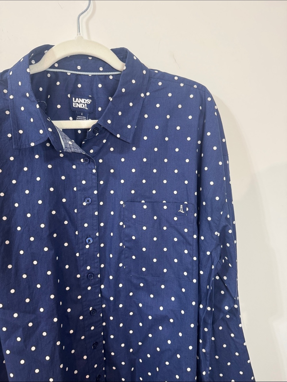 Lands' End Women’s Navy Blue & White Polka Dot Button-Down Long Sleeve Shirt - L - Picture 4 of 10